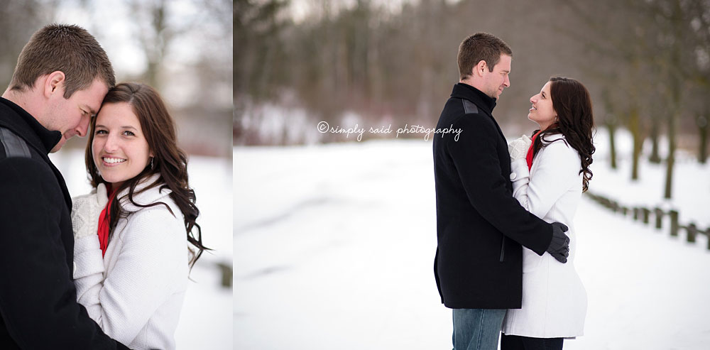 Snowy engagement photoshoot at park.